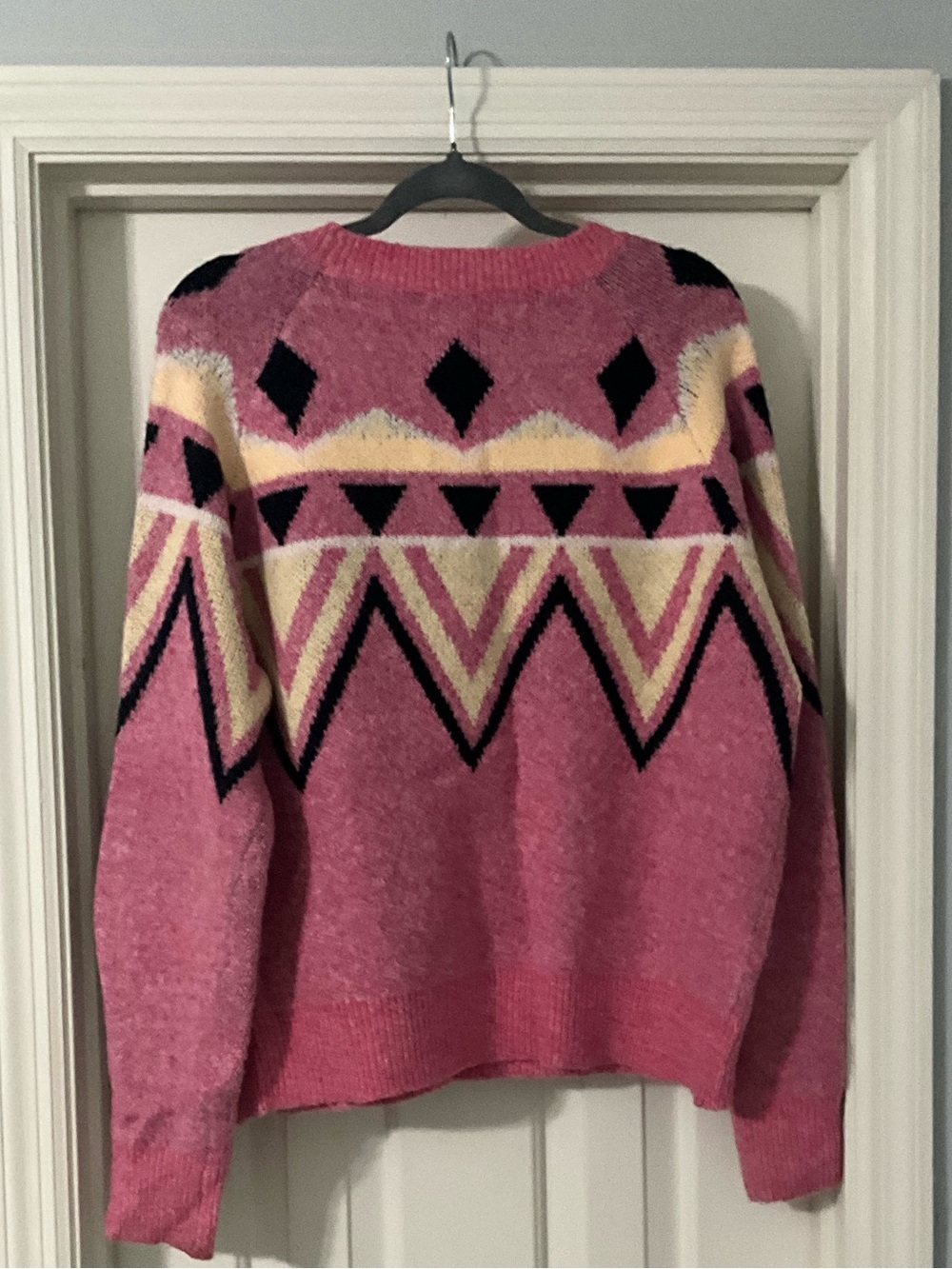 BiBi Pink Geometric Crewneck Sweater with Cream & Black Accents